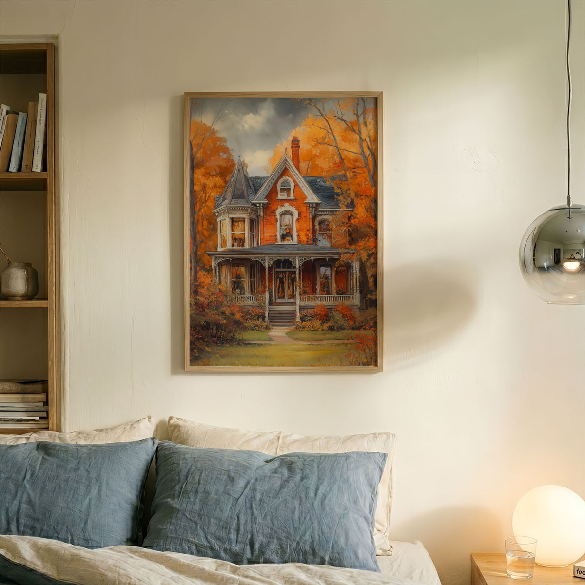 A-Sized Bedroom Portrait - Historic red brick house with decorative white details in an autumn garden setting