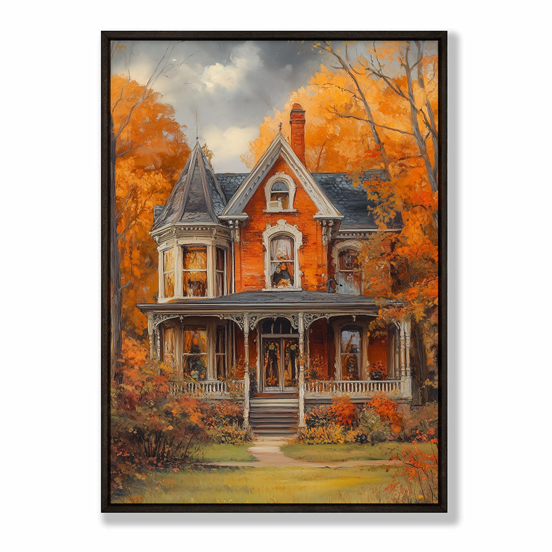 A-Sized Bedroom Portrait - Victorian mansion with illuminated windows nestled among golden autumn branches
