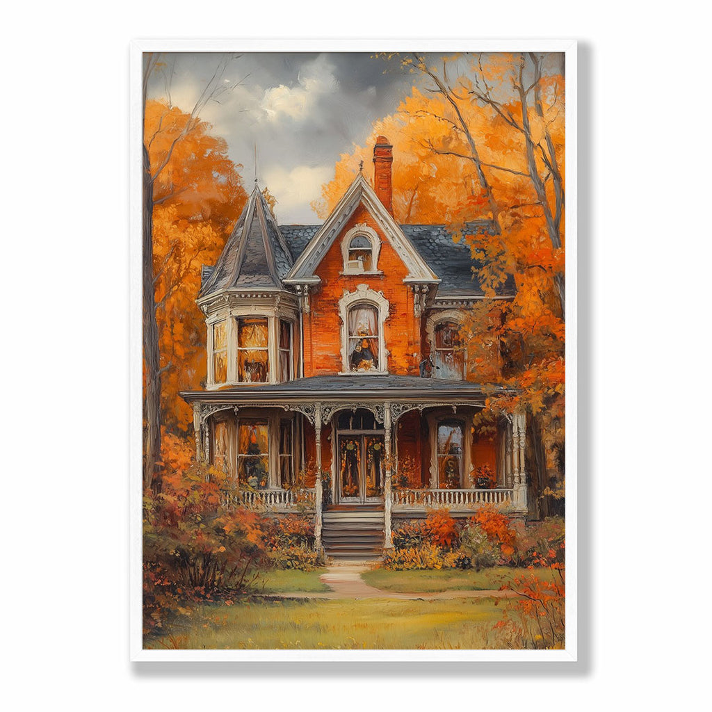 A-Sized Bedroom Portrait - Stately home with turret and porch amid vibrant fall foliage landscape