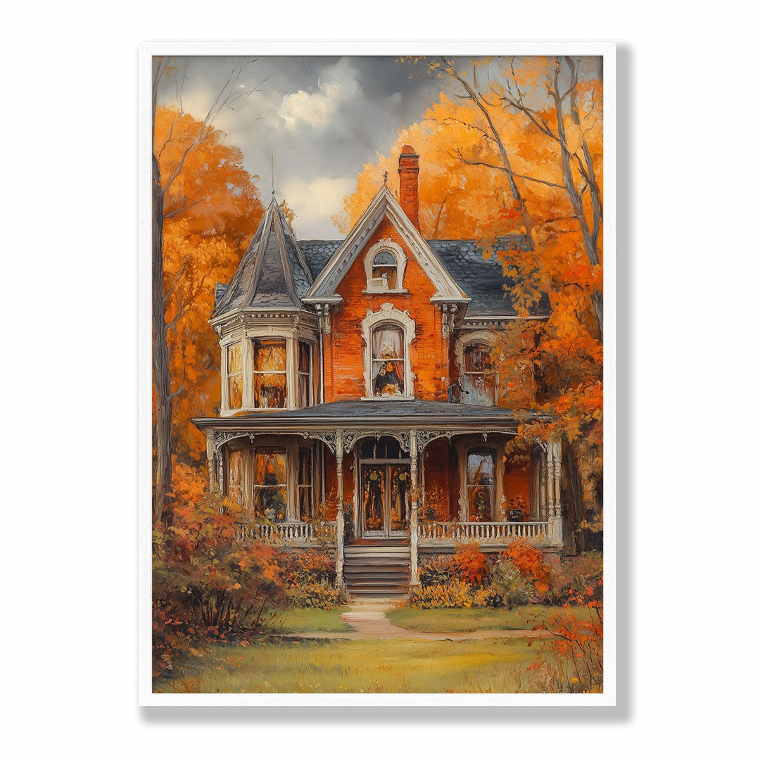 A-Sized Bedroom Portrait - Stately home with turret and porch amid vibrant fall foliage landscape