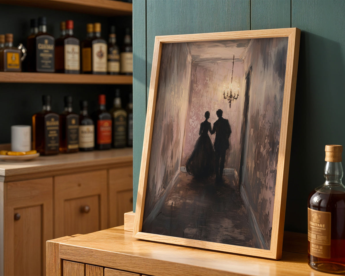 PP-EAM-A4 Lifestyle Posters - Silhouetted couple holding hands in a dusty pink hallway lit by a hanging chandelier