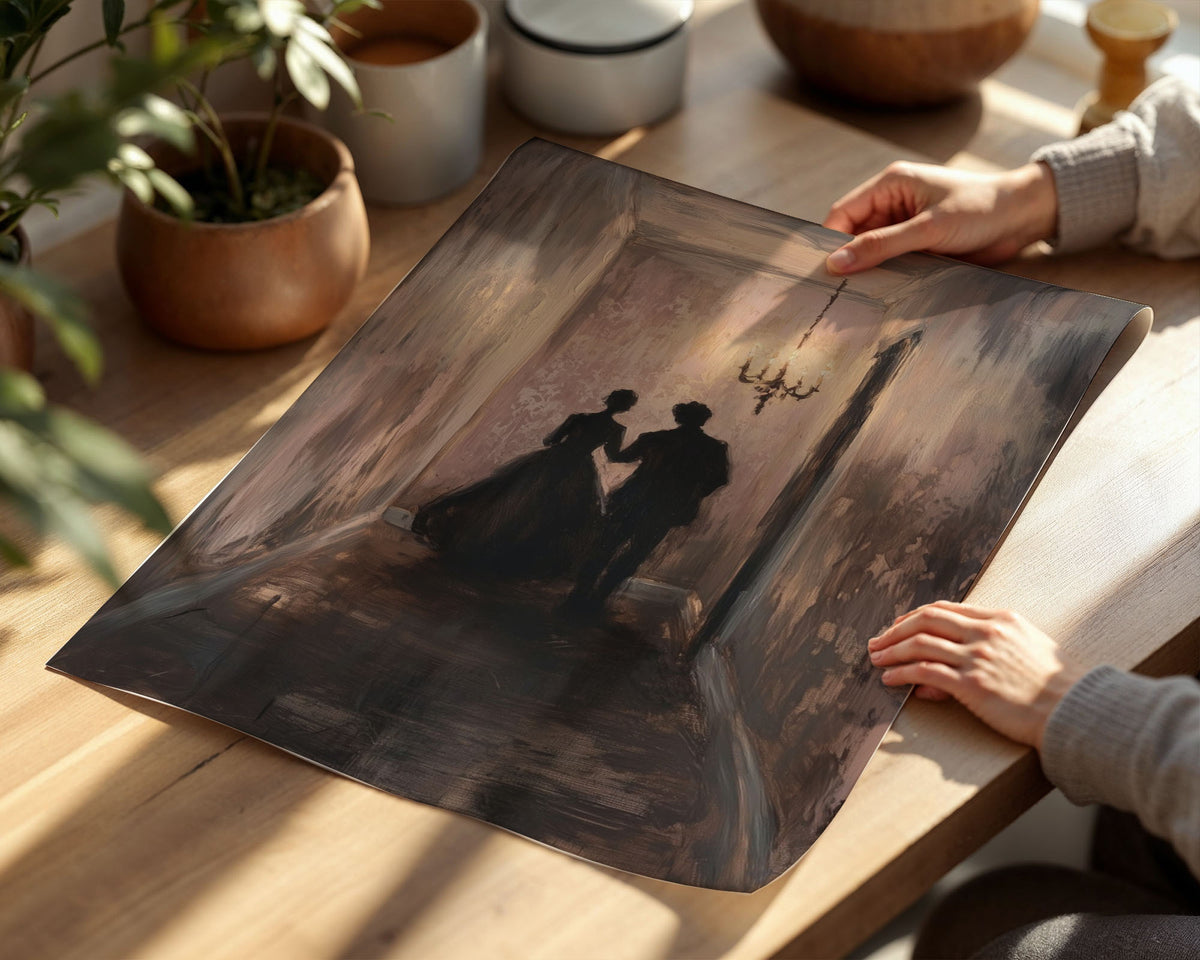 PP-EAM-A4 Lifestyle Posters - Moody romantic interior scene with two figures in an ornate hallway painted in soft browns and 