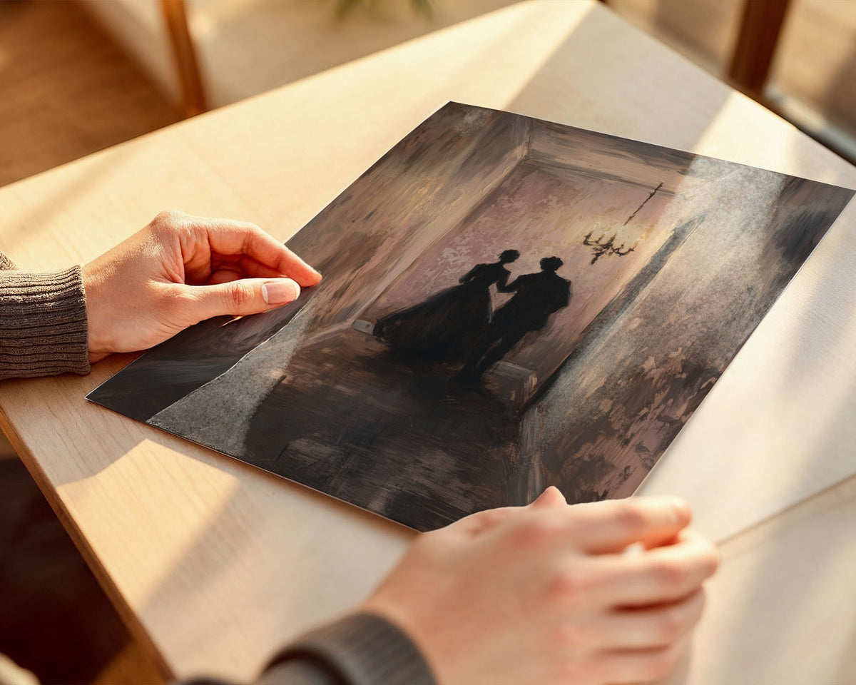 PP-EAM-A4 Lifestyle Posters - Intimate artwork showing couple standing together beneath candlelit chandelier with distressed 