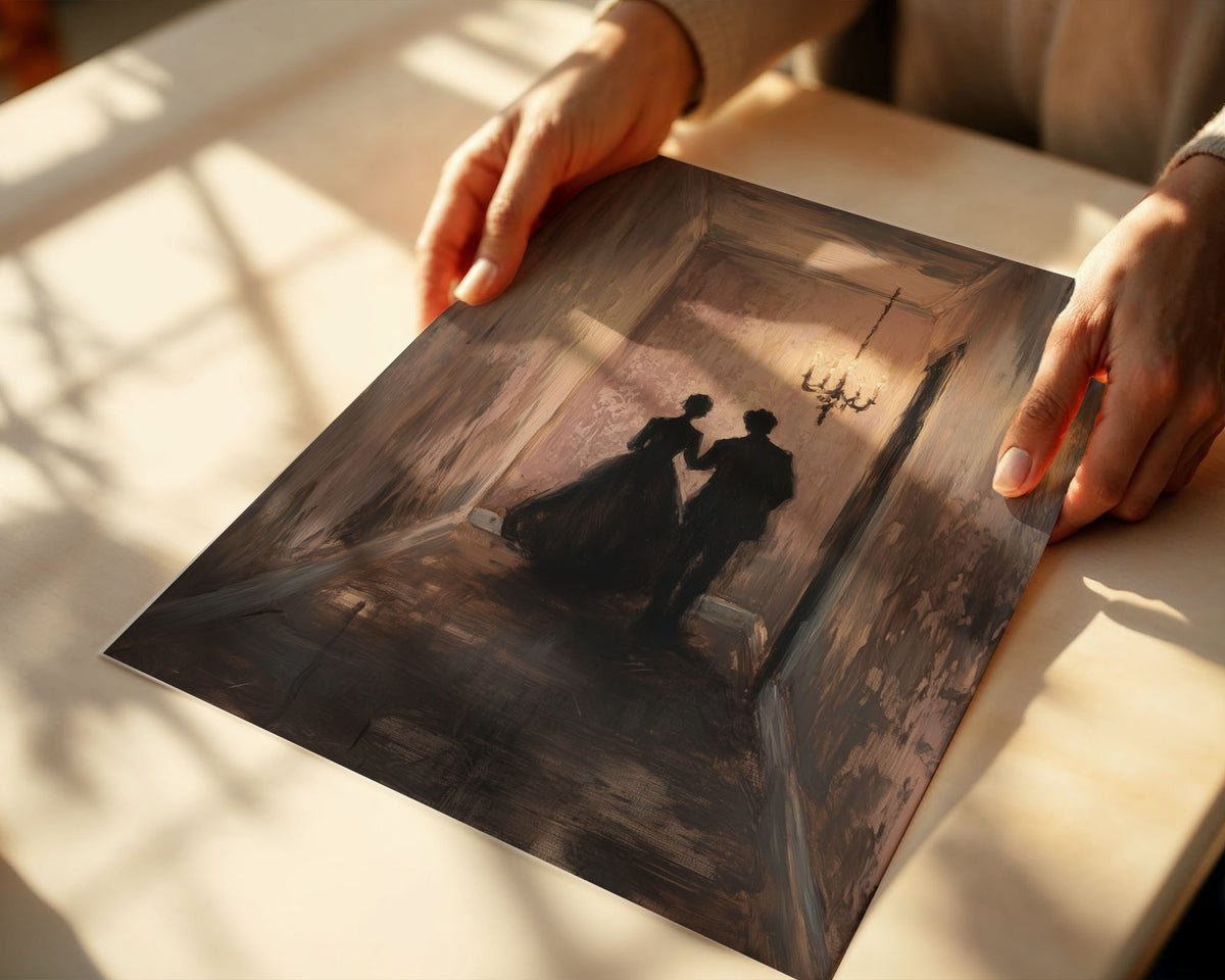 PP-EAM-A4 Lifestyle Posters - Vintage-style painting of romantic moment in dim hallway with glowing chandelier overhead