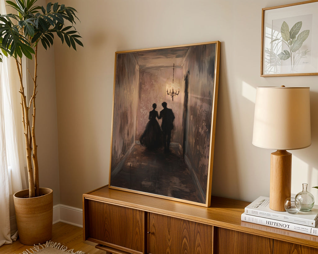 PP-EAM-A4 Lifestyle Posters - Expressive brushwork depicts couple in shadowed hallway with ornamental chandelier casting warm