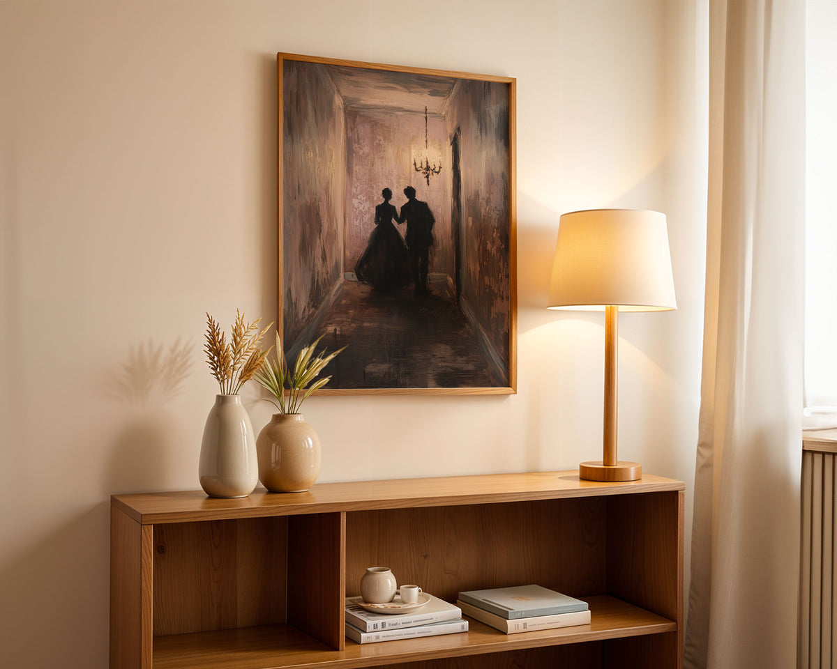 PP-EAM-A4 Lifestyle Posters - Atmospheric artwork showing two silhouettes in elegant interior with burning chandelier above
