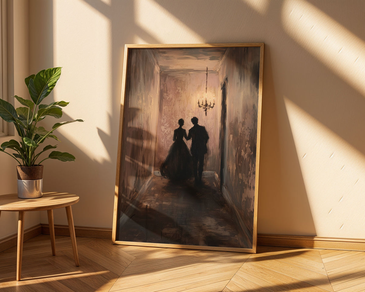 PP-EAM-A4 Lifestyle Posters - Romantic scene of couple in dusty pink room with ornate hanging light fixture and textured wall