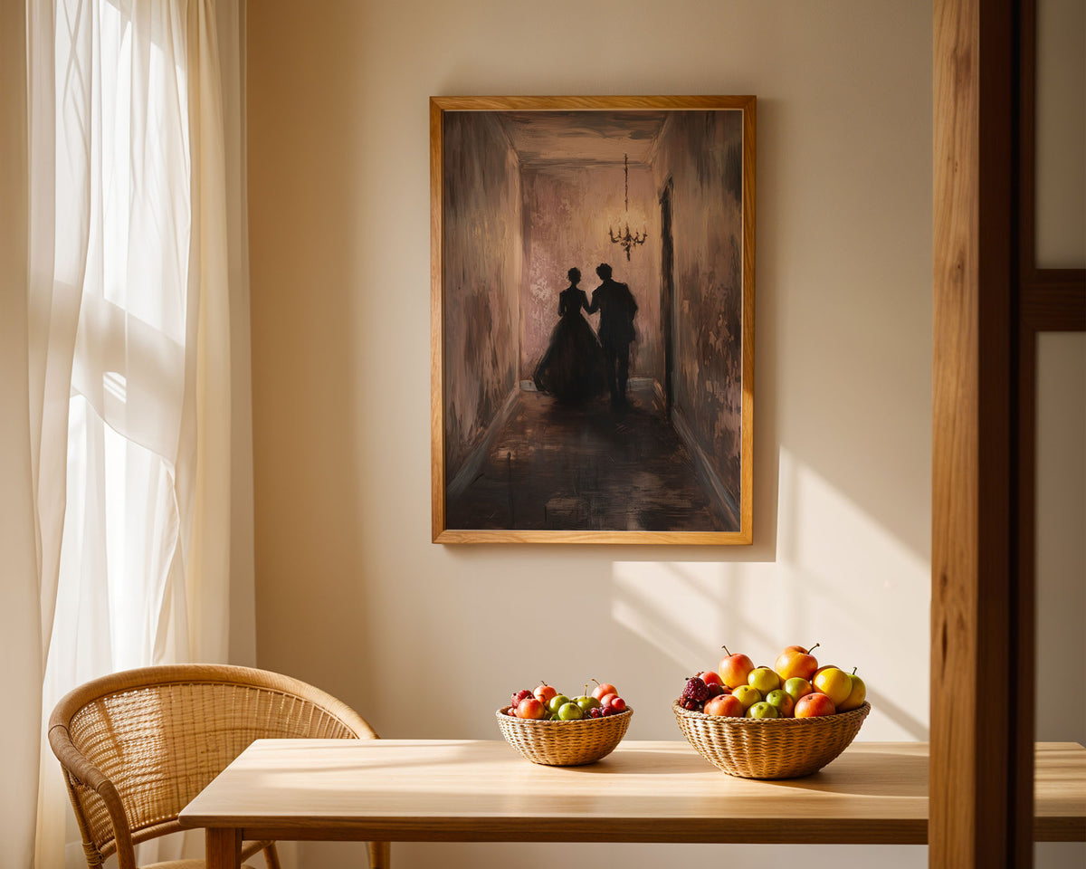 PP-EAM-A4 Lifestyle Posters - Moody interior painting featuring couple in atmospheric hallway with warm candlelit atmosphere