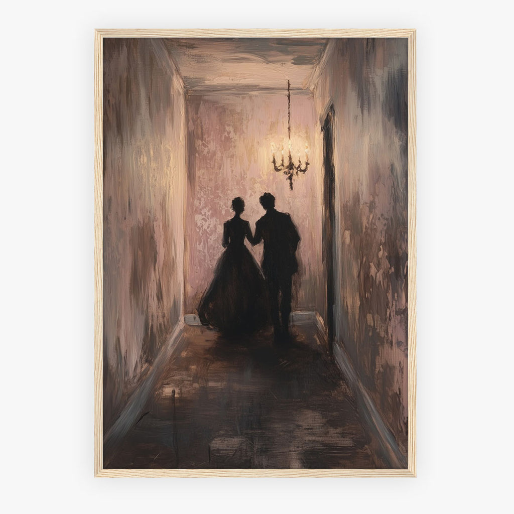 PP-EAM-A4 Lifestyle Posters - Romantic couple portrait in soft-lit hallway with chandelier, painted in muted vintage palette