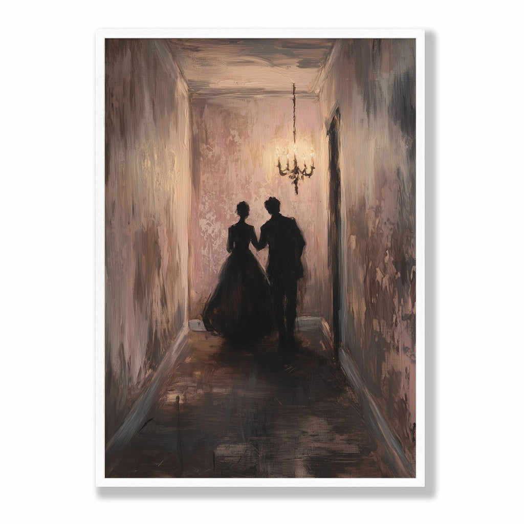 PP-EAM-A4 Lifestyle Posters - Intimate hallway scene with silhouetted pair beneath glowing chandelier in warm neutral tones