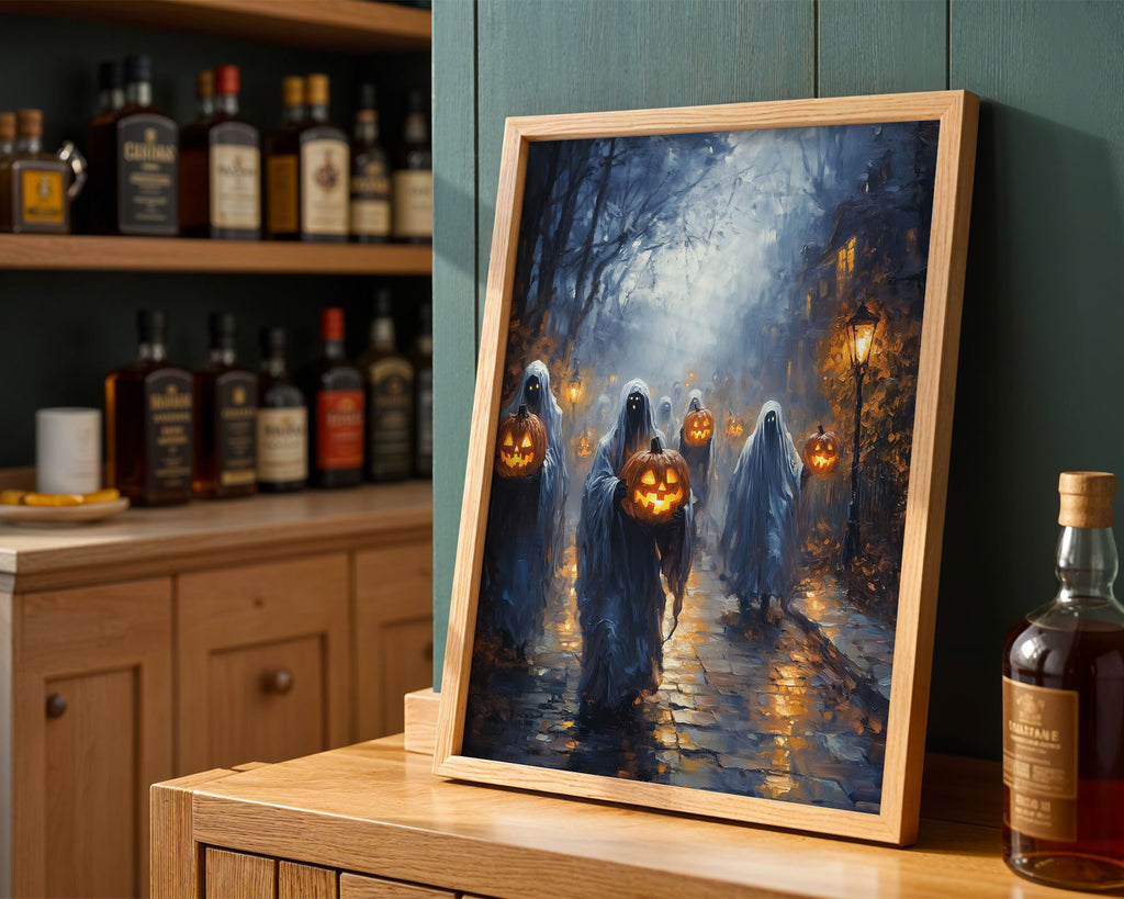 Lifestyle Posters A4 - Ghosts carrying glowing jack-o'-lanterns parade down a misty autumn street