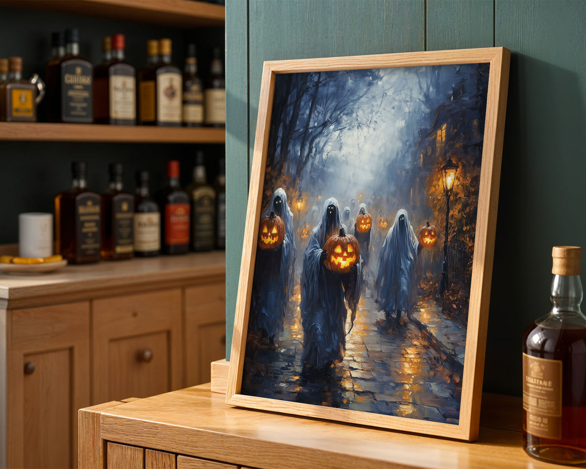 Lifestyle Posters A4 - Ghosts carrying glowing jack-o'-lanterns parade down a misty autumn street