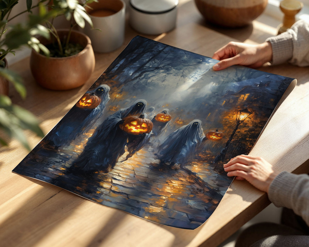 Lifestyle Posters A4 - Spooky white ghosts holding illuminated pumpkins in atmospheric fog