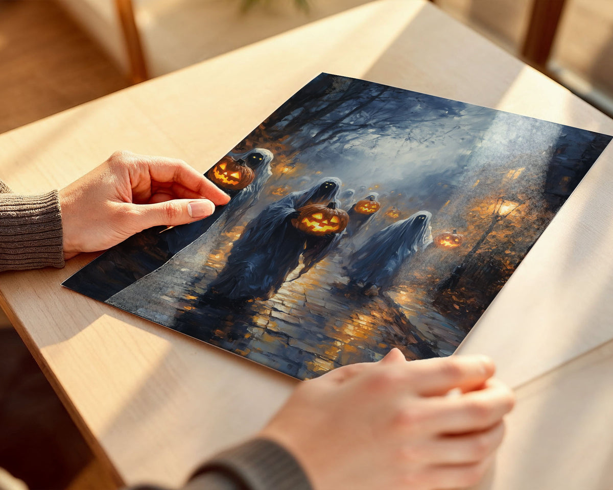 Lifestyle Posters A4 - Halloween pumpkin parade artwork with golden lights and blue-grey mist