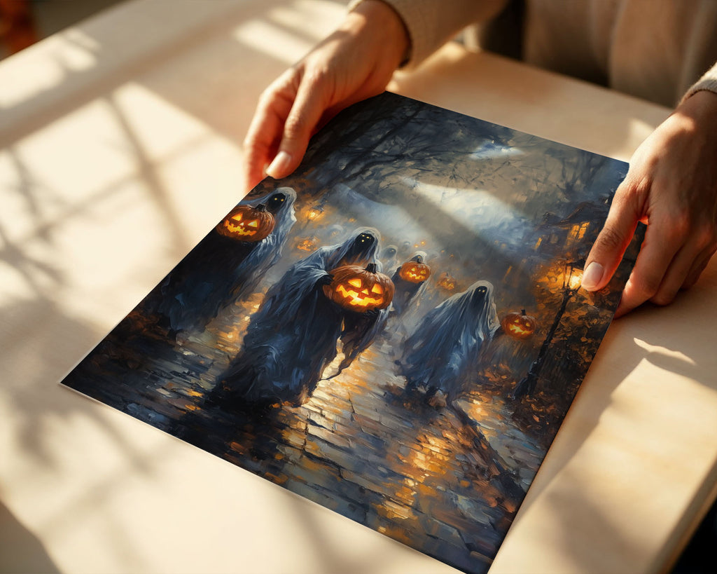 Lifestyle Posters A4 - Ghostly figures in white sheets carrying glowing pumpkins down wet street