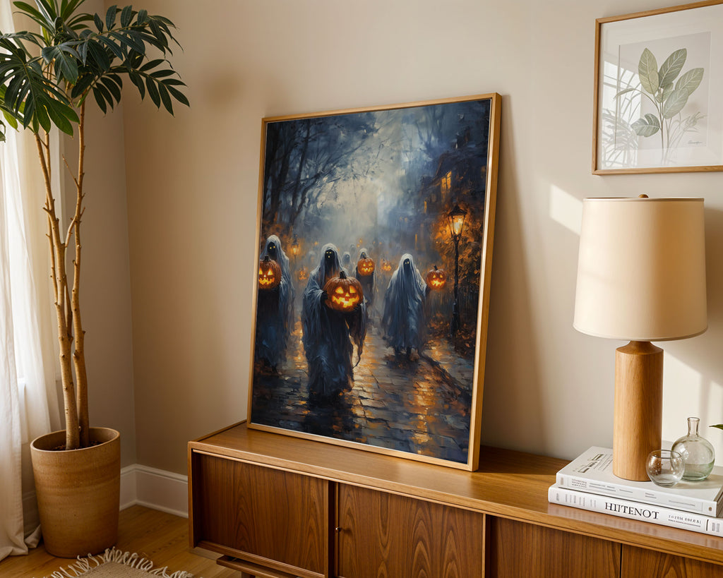 Lifestyle Posters A4 - Eerie autumn scene with lit pumpkins, ghosts and moody atmosphere