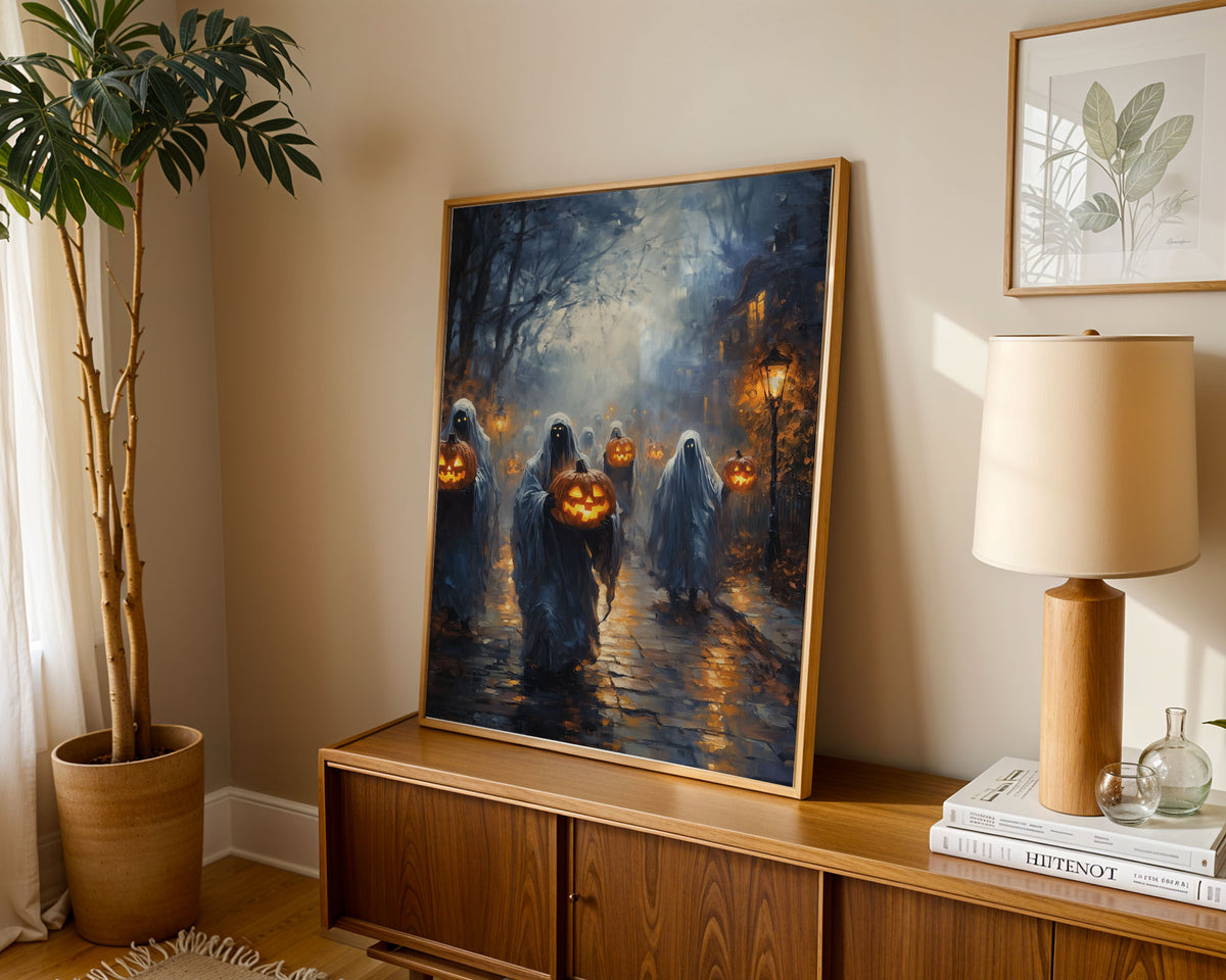 Lifestyle Posters A4 - Eerie autumn scene with lit pumpkins, ghosts and moody atmosphere