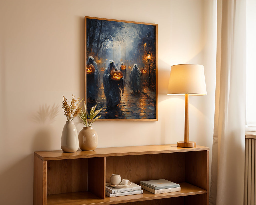 Lifestyle Posters A4 - Halloween artwork featuring jack-o'-lanterns and ghostly procession