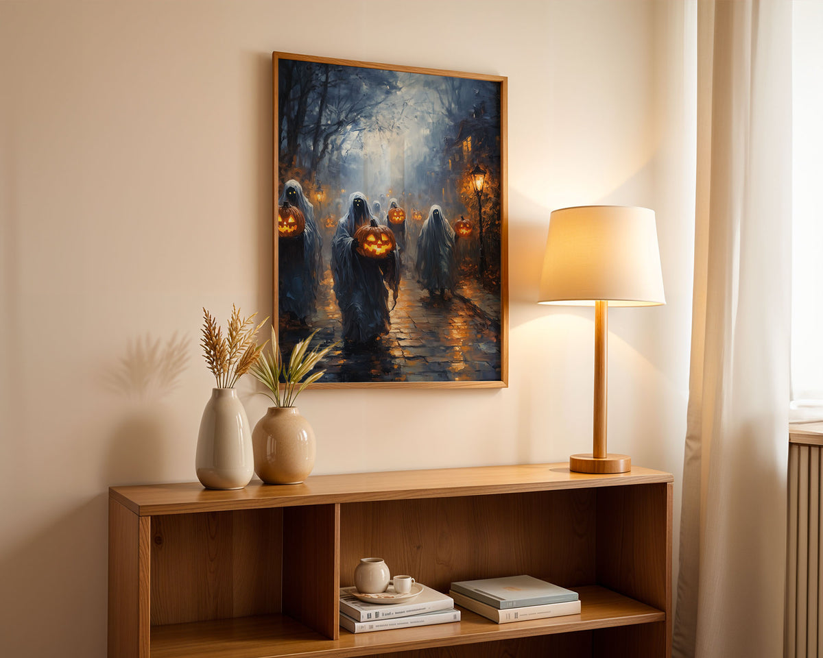 Lifestyle Posters A4 - Halloween artwork featuring jack-o'-lanterns and ghostly procession