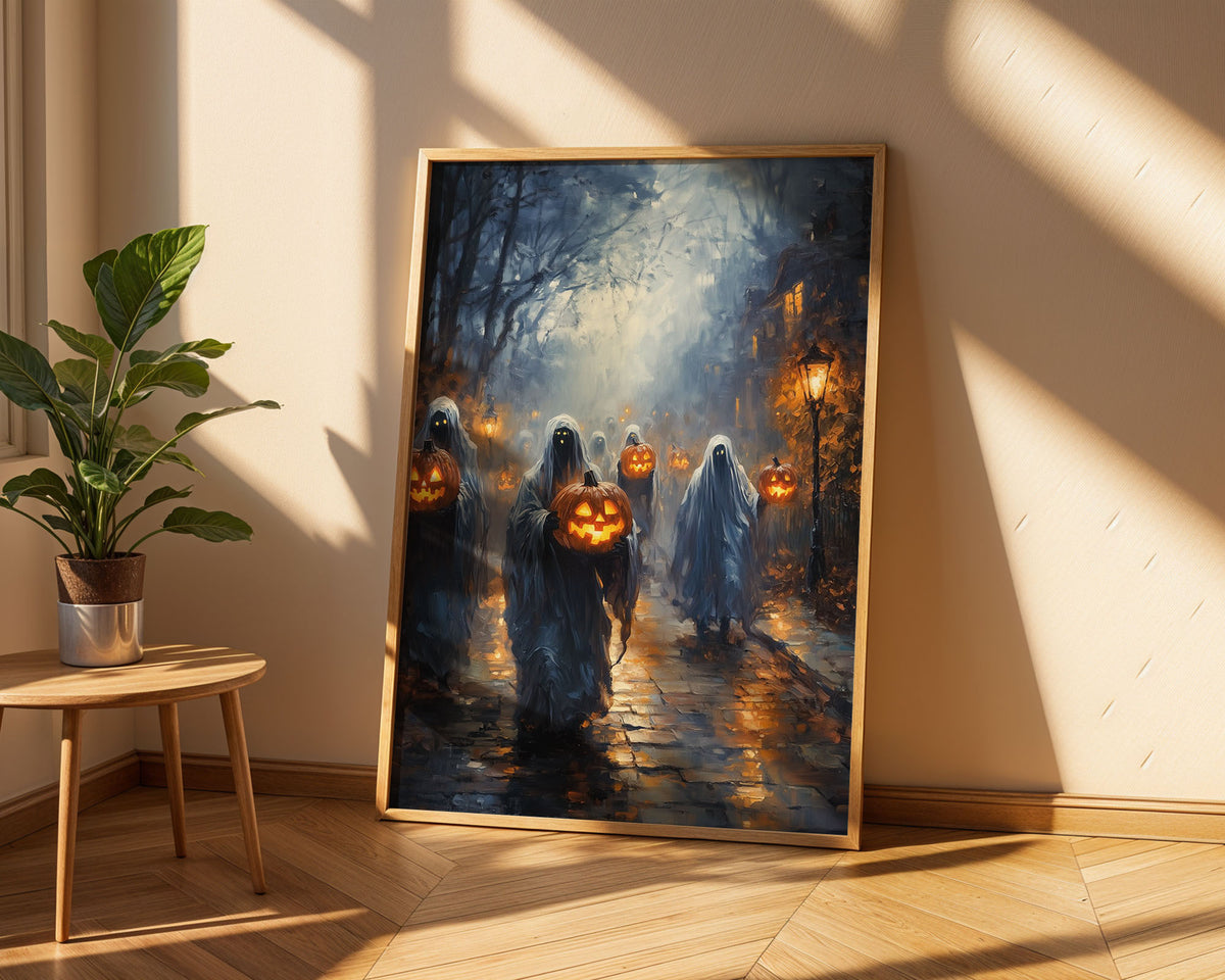 Lifestyle Posters A4 - Spooky street scene with glowing pumpkins held by ghostly figures