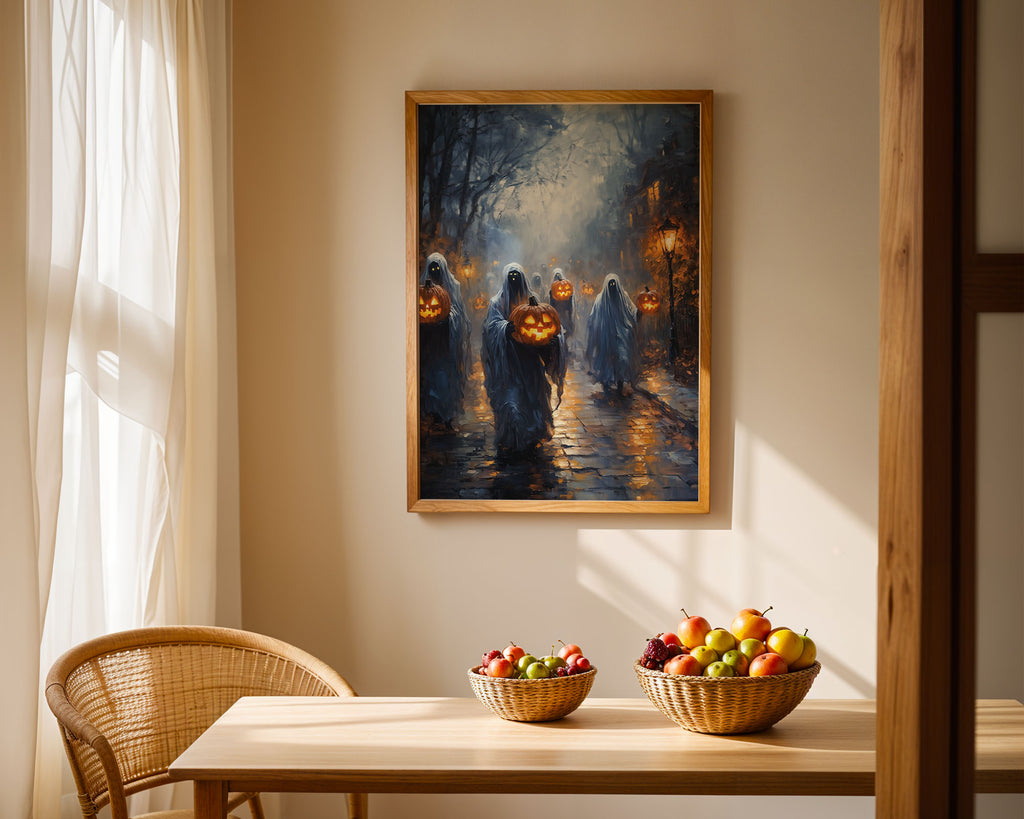 Lifestyle Posters A4 - Atmospheric Halloween parade art with warm amber and cool blue tones