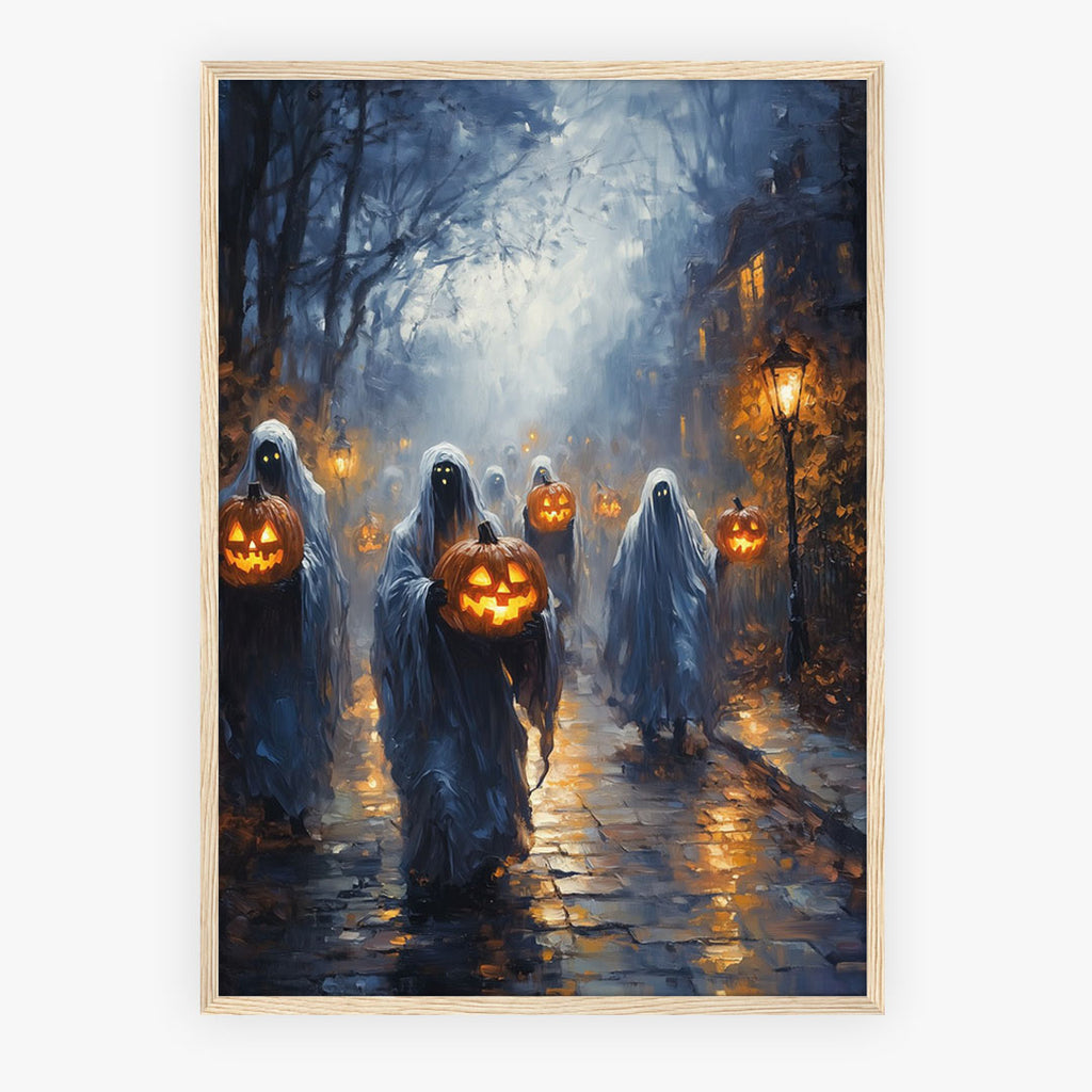Lifestyle Posters A4 - Misty Halloween night scene with pumpkins, ghosts and street lamps