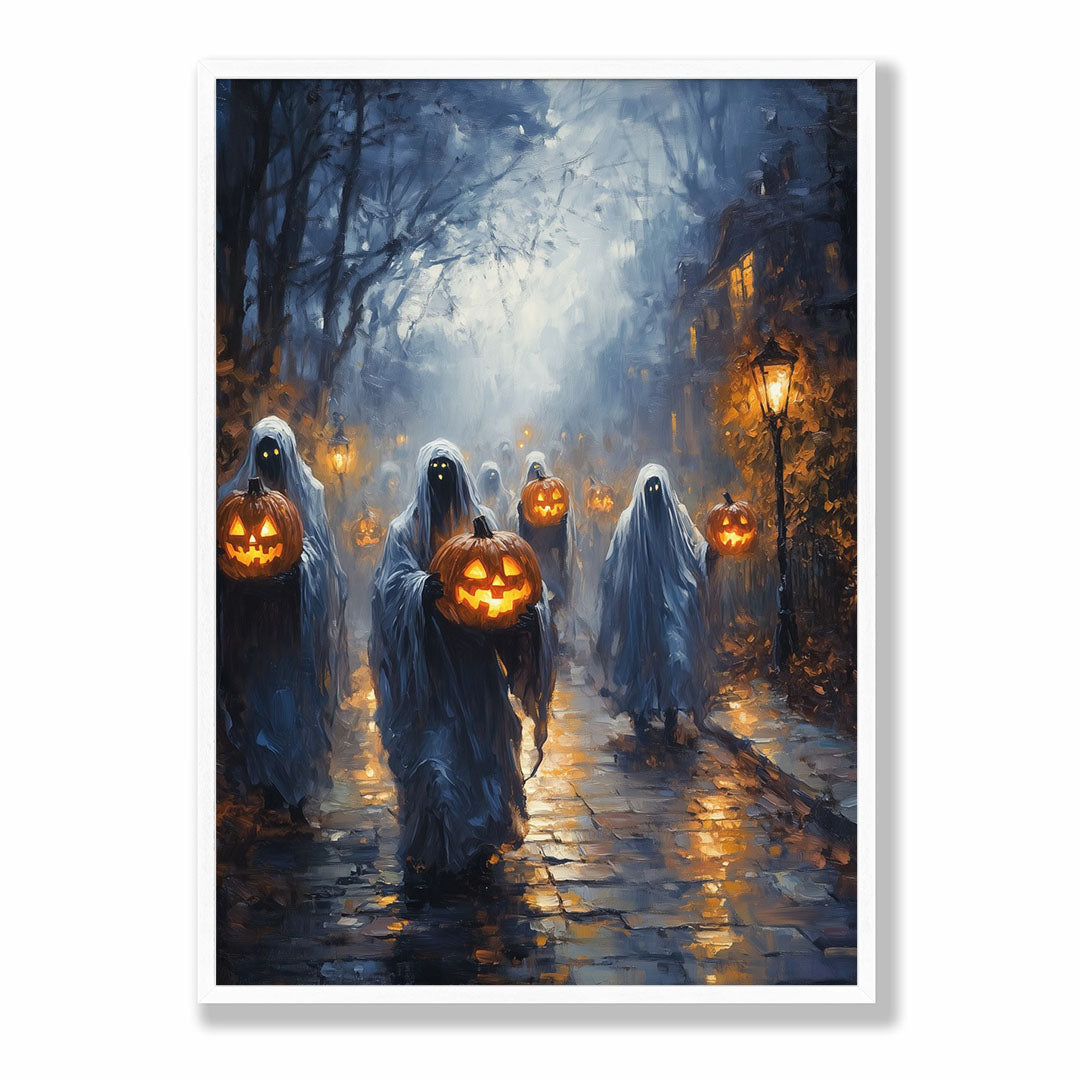 Lifestyle Posters A4 - Artistic Halloween poster showing ghostly parade with illuminated pumpkins