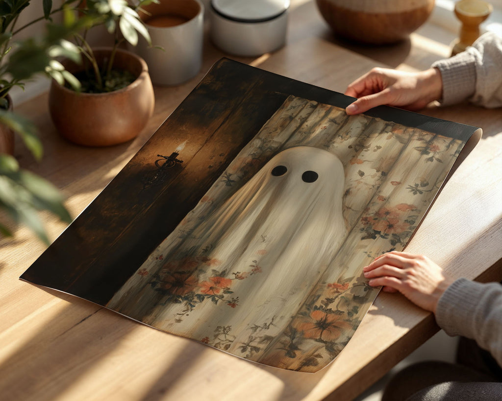 Lifestyle Posters A4 - Close-up of ghostly white draped figure with dark oval eyes against cream background