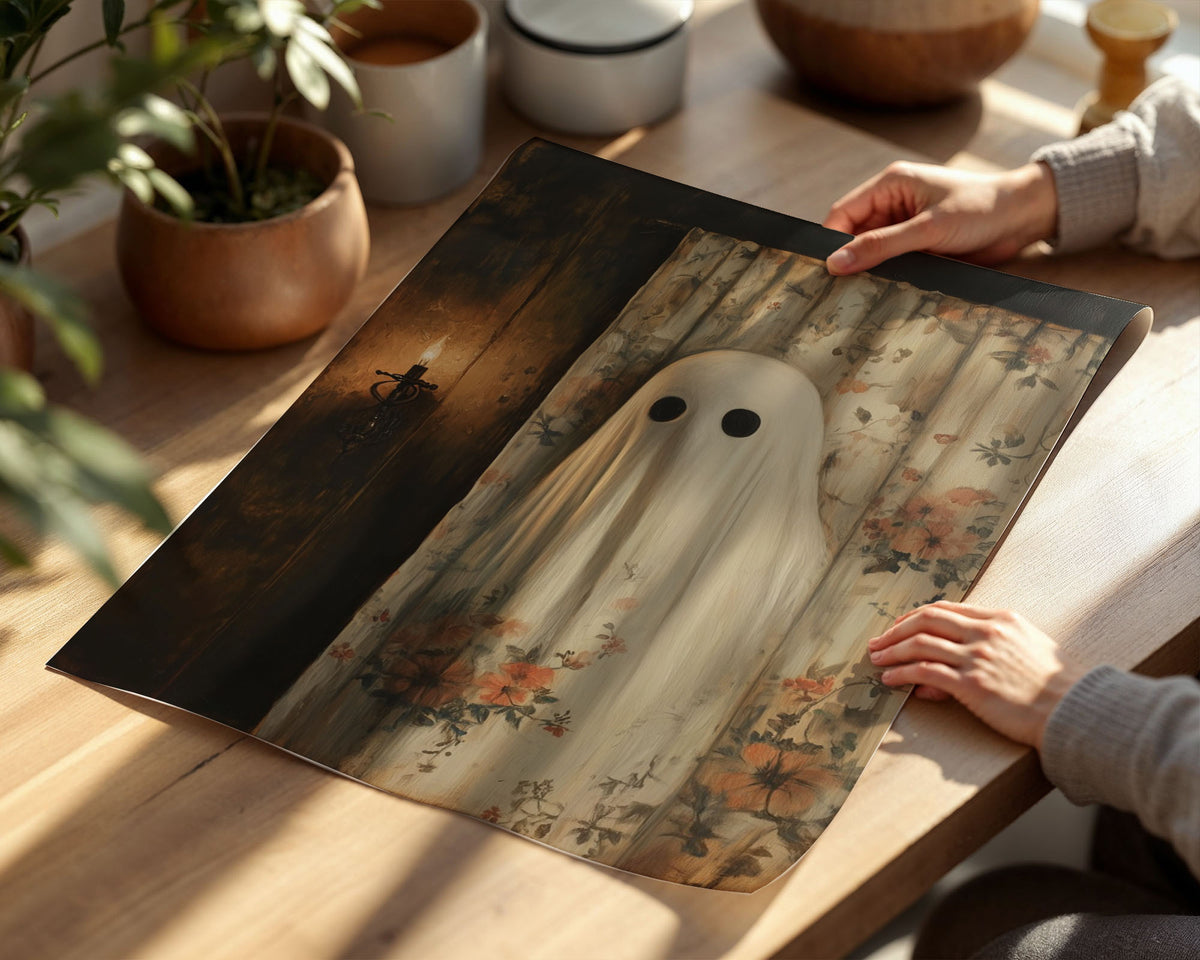 Lifestyle Posters A4 - Close-up of ghostly white draped figure with dark oval eyes against cream background