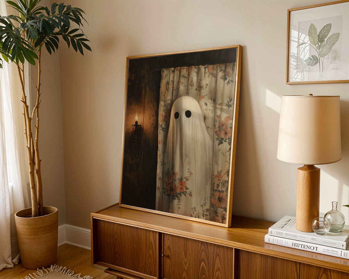Lifestyle Posters A4 - Unframed A4 print of ghostly figure and vintage wallpaper in warm earth tones