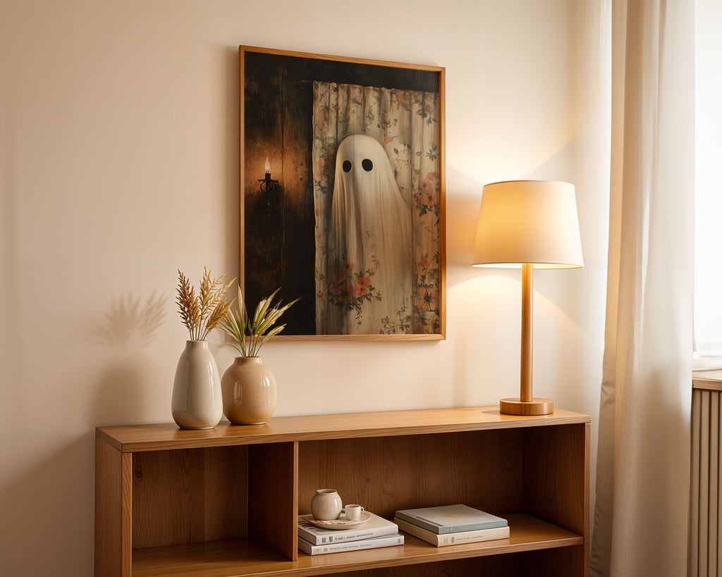 Lifestyle Posters A4 - White-framed A4 poster with ghost artwork and floral vintage backdrop