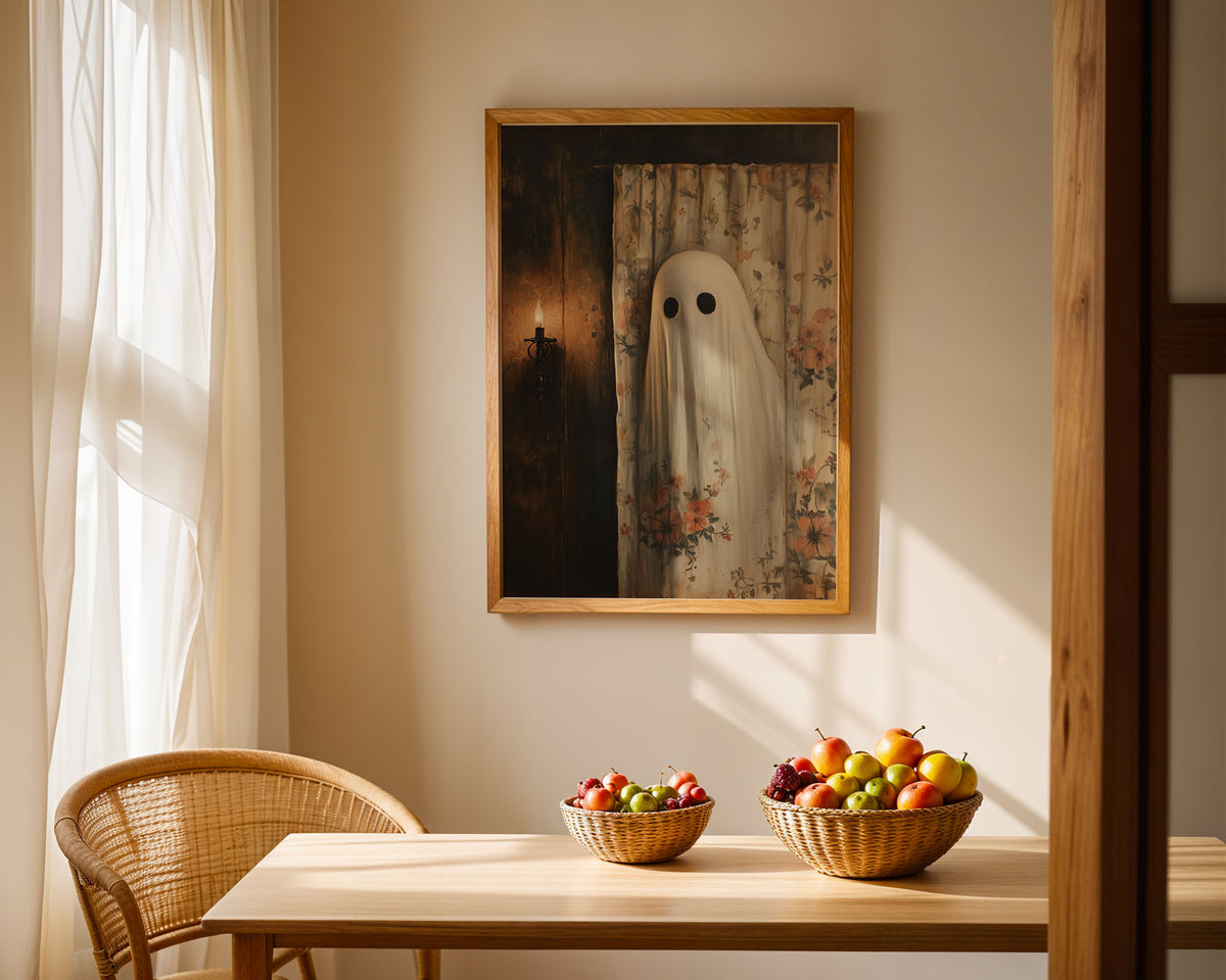 Lifestyle Posters A4 - A4 enhanced matte poster with gothic ghost and candlelit wooden wall detail