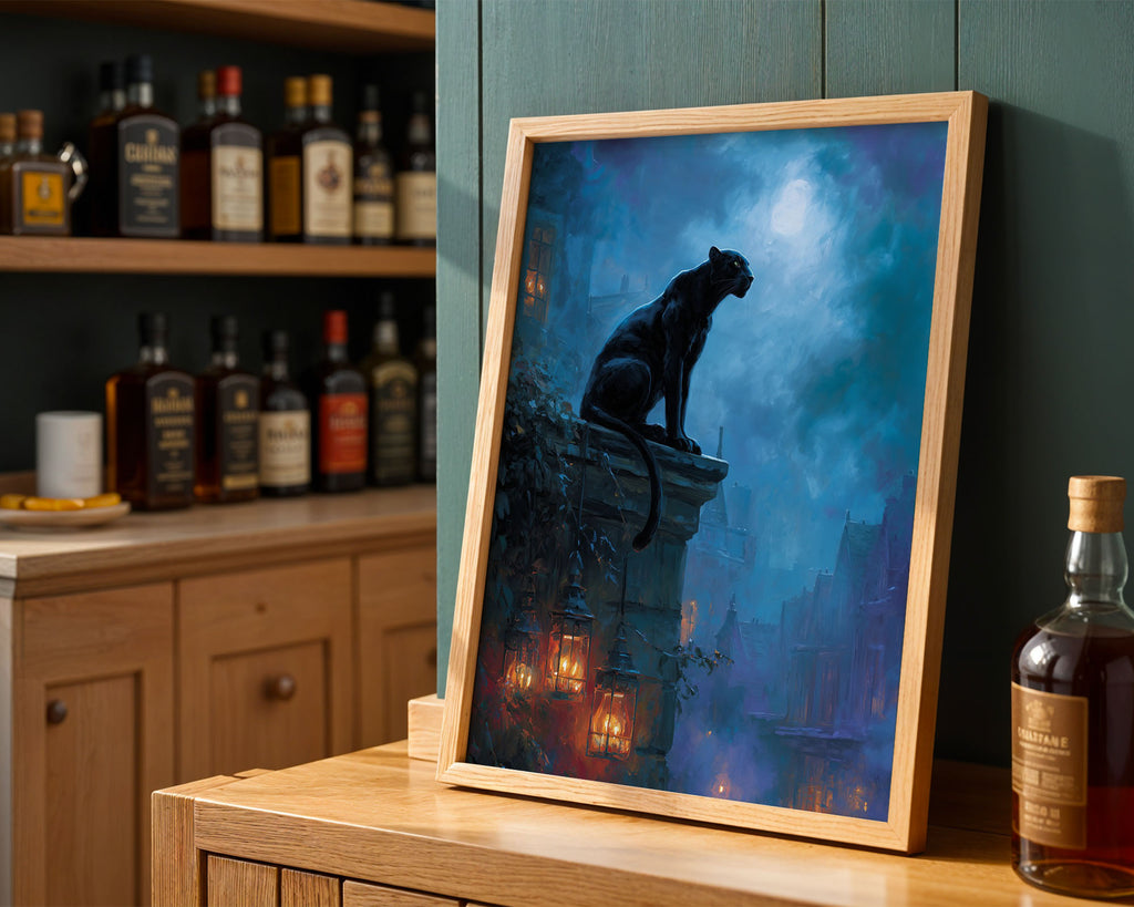 Lifestyle Poster A4 - Black panther on moonlit rooftop with glowing lanterns below