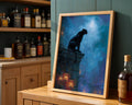 Lifestyle Poster A4 - Black panther on moonlit rooftop with glowing lanterns below