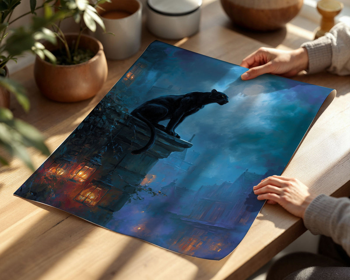Lifestyle Poster A4 - Dark fantasy artwork featuring sleek black panther against blue sky