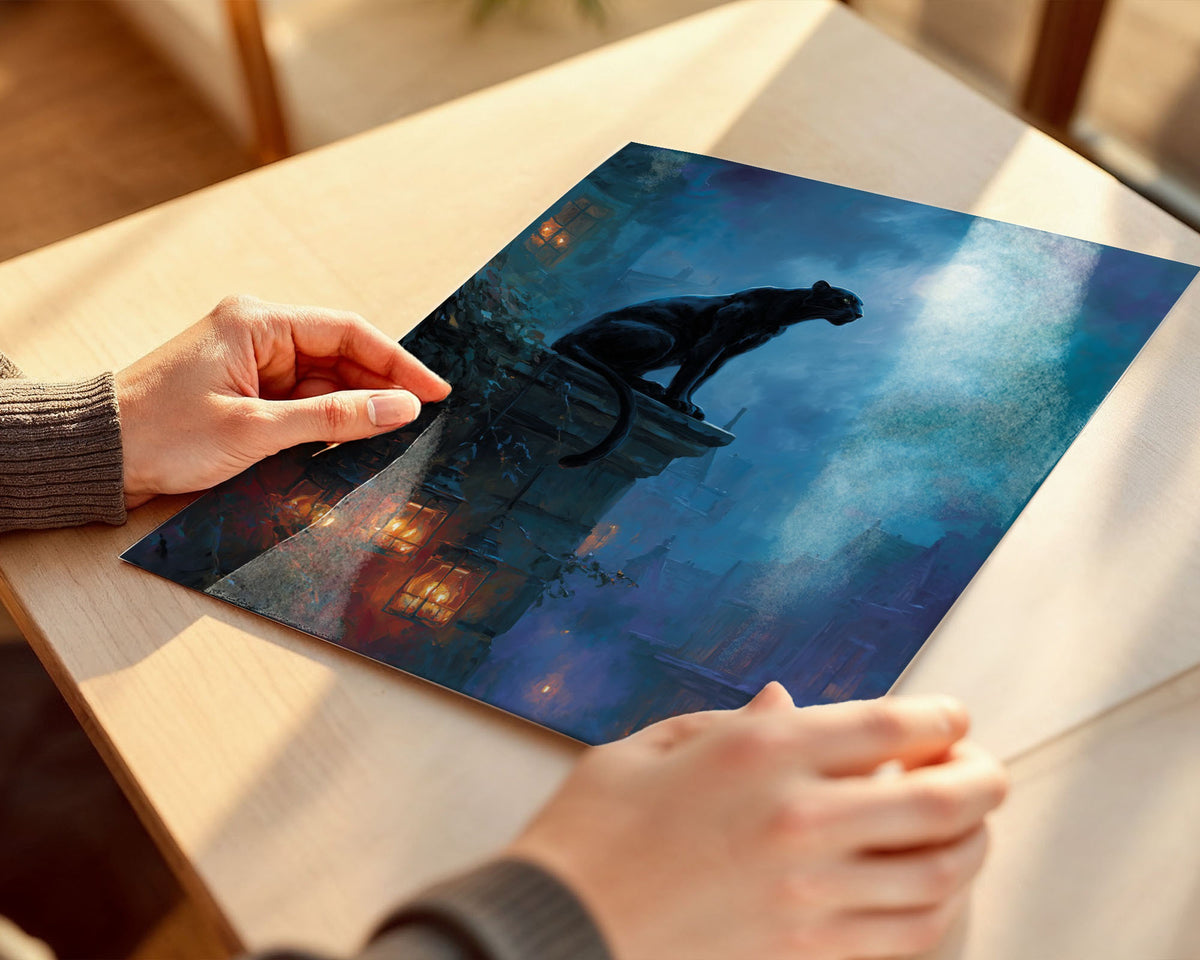 Lifestyle Poster A4 - Moody rooftop scene with panther silhouette and amber-lit city