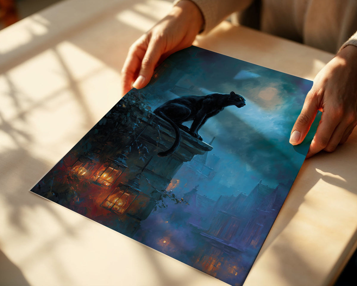 Lifestyle Poster A4 - Gothic cityscape poster with black cat and luminous moon