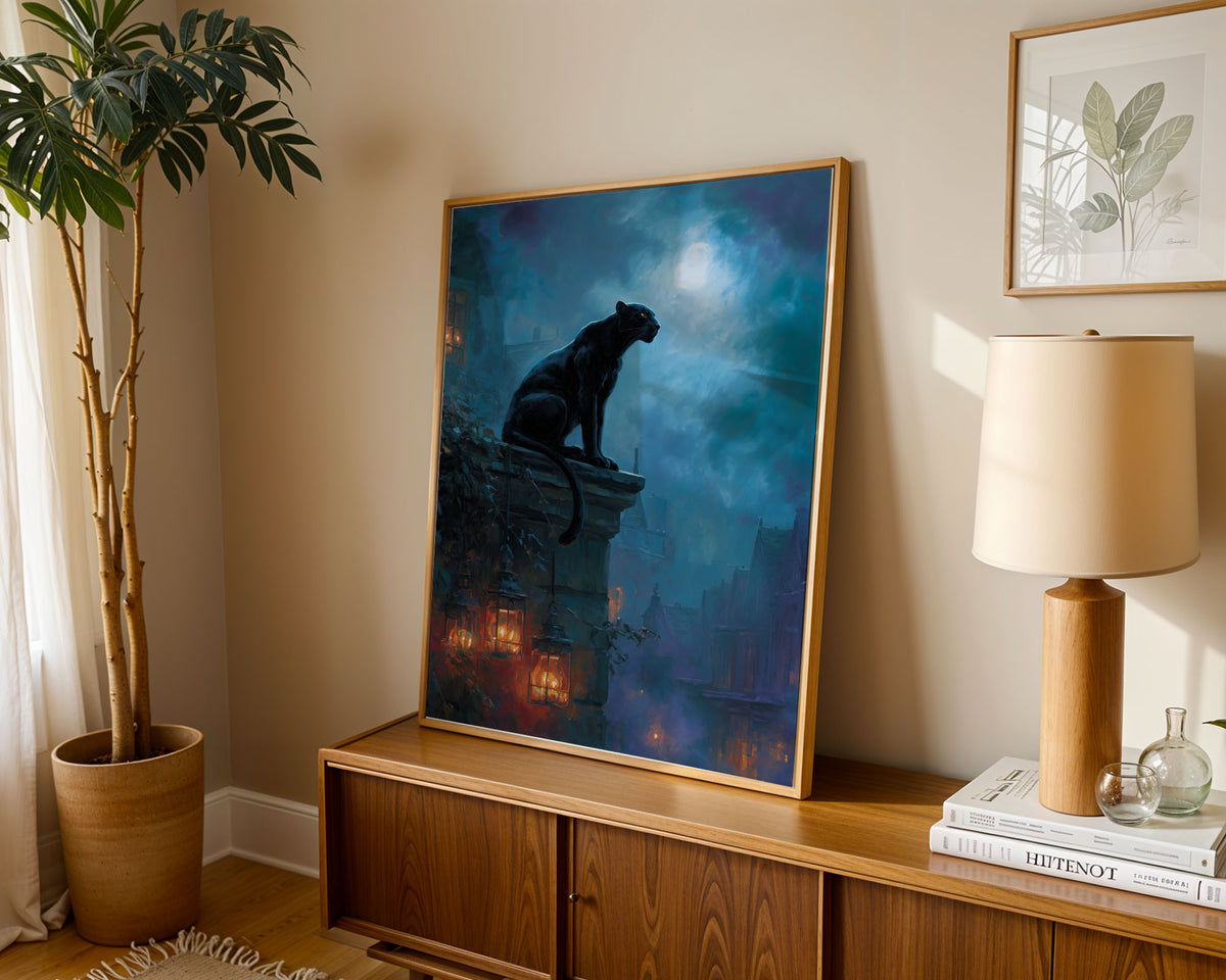 Lifestyle Poster A4 - Fantasy art print showing panther perched above ancient buildings