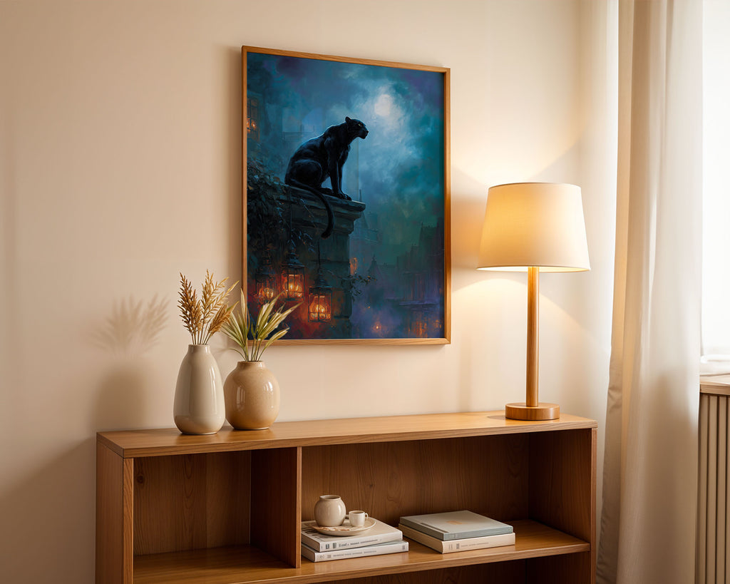 Lifestyle Poster A4 - Atmospheric dark blue poster with black panther and lantern glow