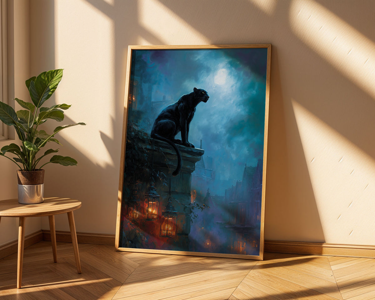 Lifestyle Poster A4 - Wildlife fantasy illustration with rooftop and moonlit backdrop