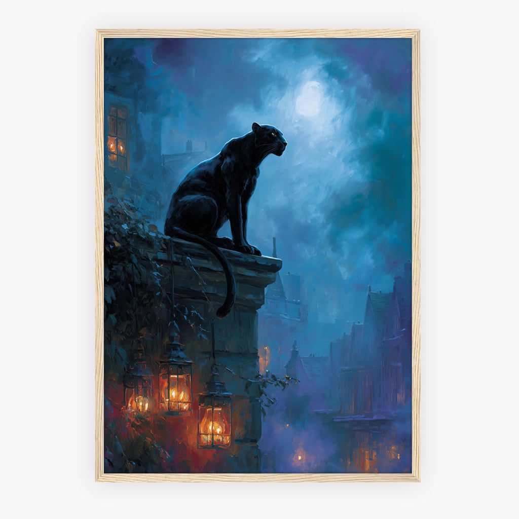 Lifestyle Poster A4 - Moody illustration of black cat on stone ledge under moonlight