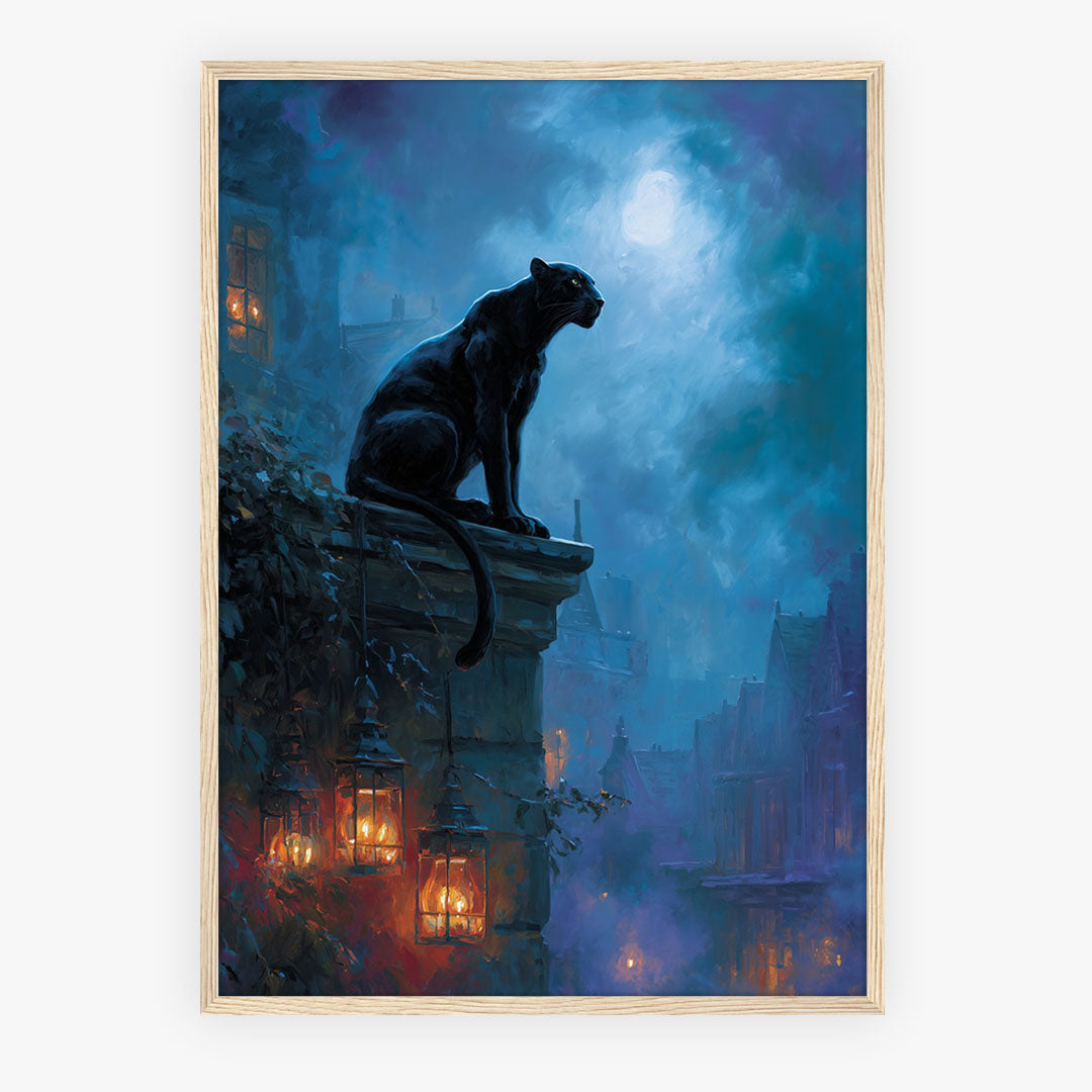 Lifestyle Poster A4 - Moody illustration of black cat on stone ledge under moonlight