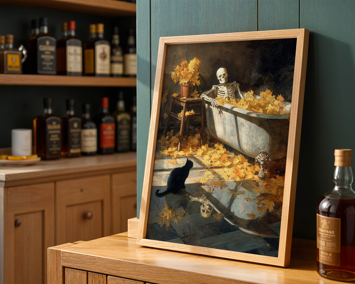 Lifestyle Posters A4 - Skeleton in bathtub surrounded by golden chrysanthemums and black cat
