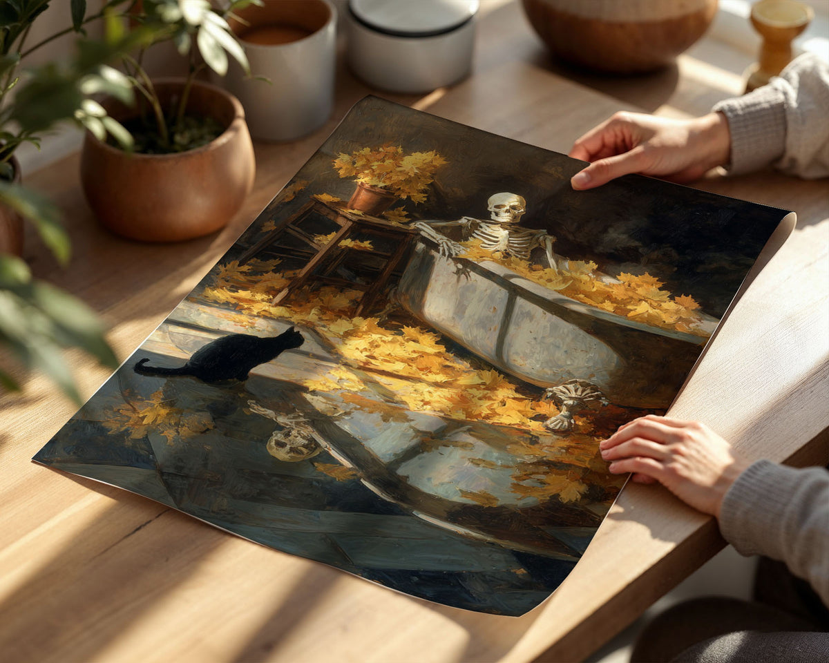 Lifestyle Posters A4 - Golden autumn flowers in terracotta vase beside reclining skeleton