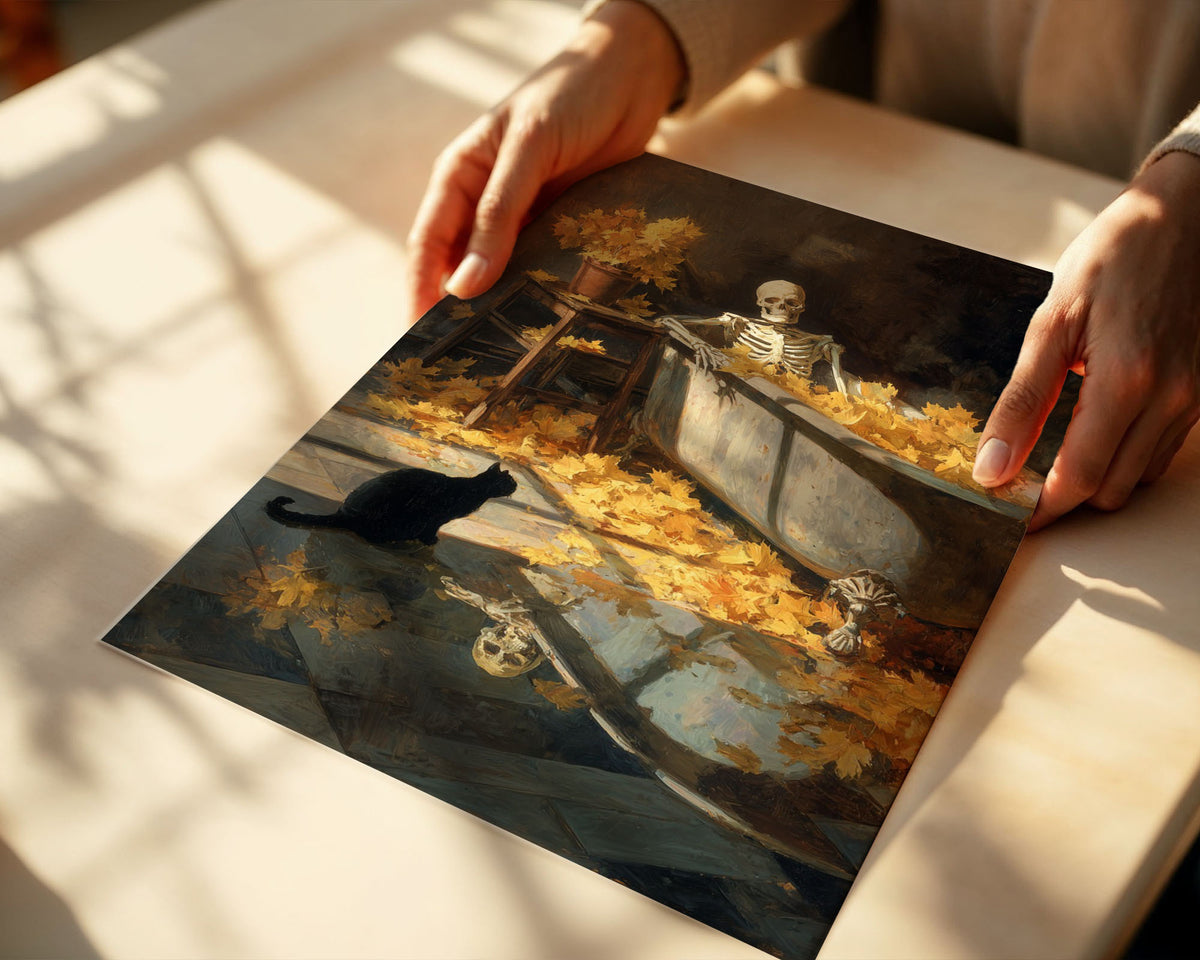 Lifestyle Posters A4 - Oil painting of skeleton, flowers and cat in earthy brown and gold tones