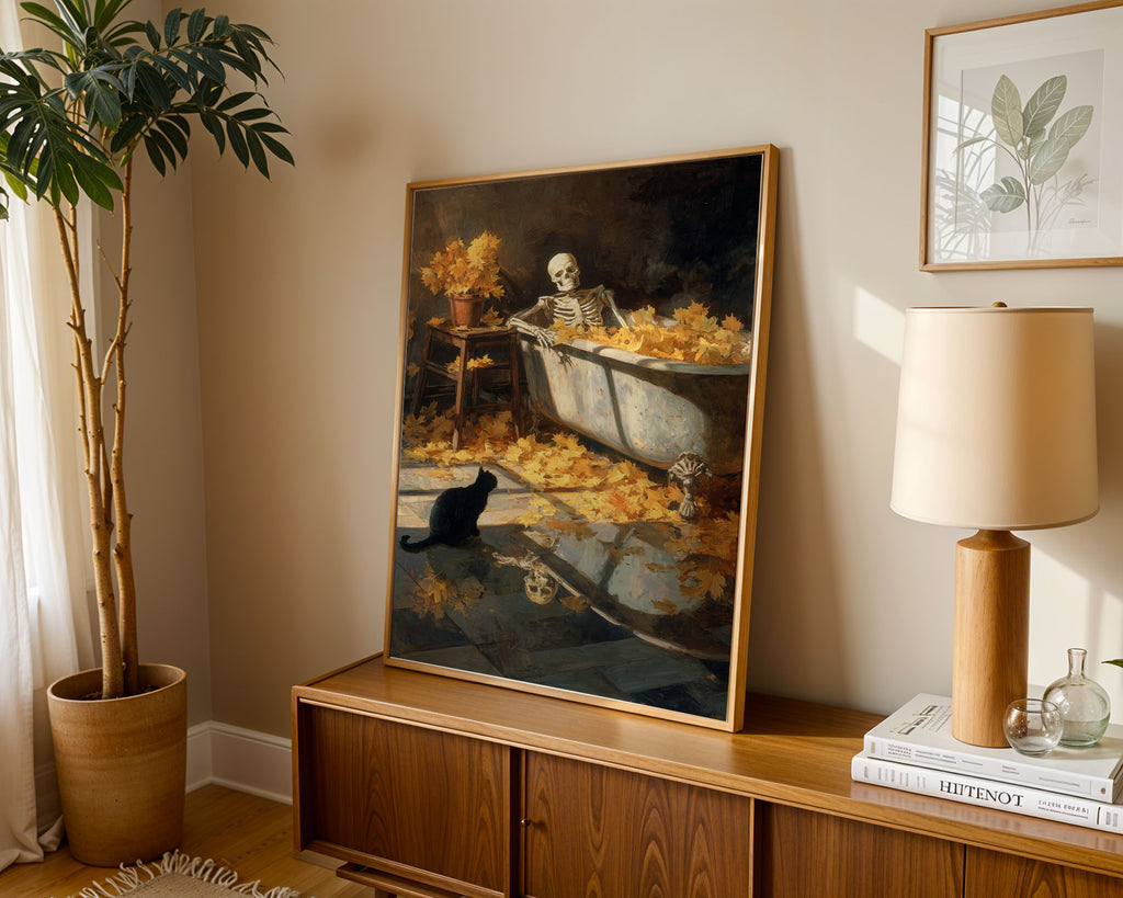 Lifestyle Posters A4 - Vanitas artwork showing skeleton with scattered yellow chrysanthemums