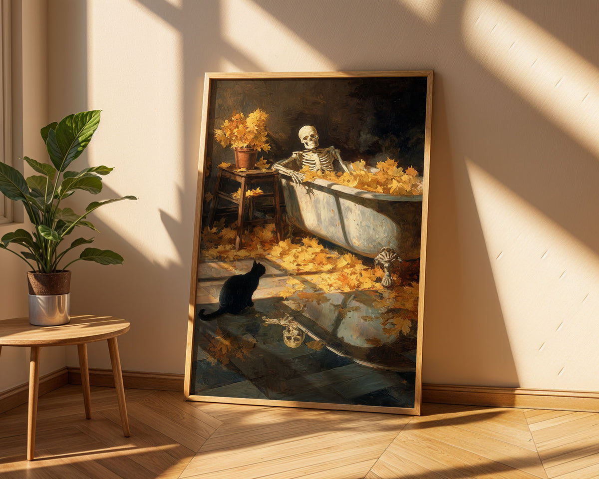 Lifestyle Posters A4 - Dark academia art print with skeleton, bathtub and golden chrysanthemums