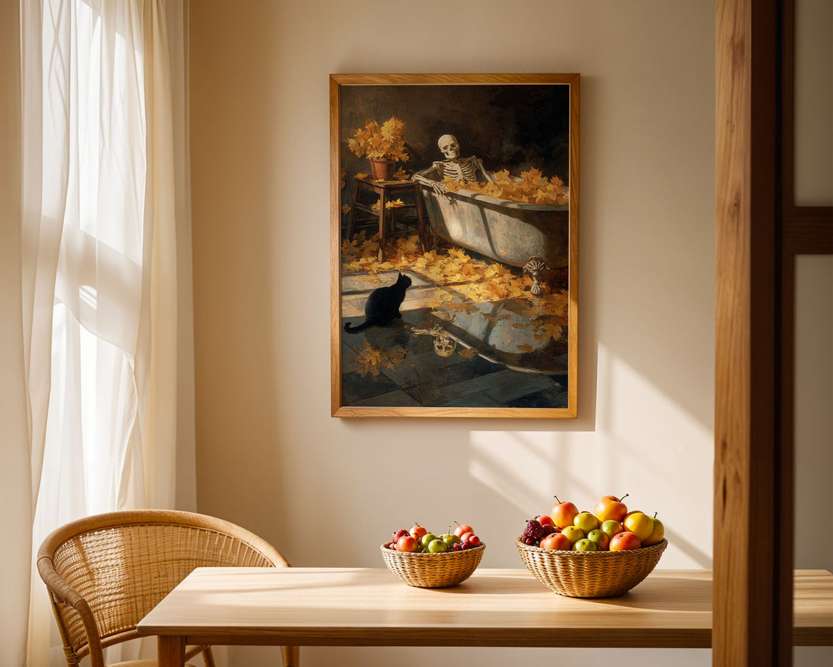 Lifestyle Posters A4 - Moody oil painting poster of skeleton surrounded by autumn flowers