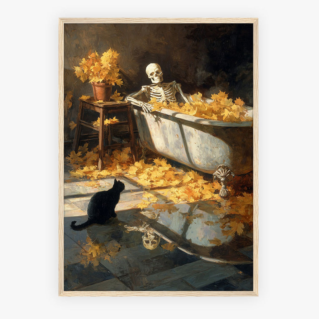 Lifestyle Posters A4 - Statement wall art featuring skeleton, black cat and golden blooms