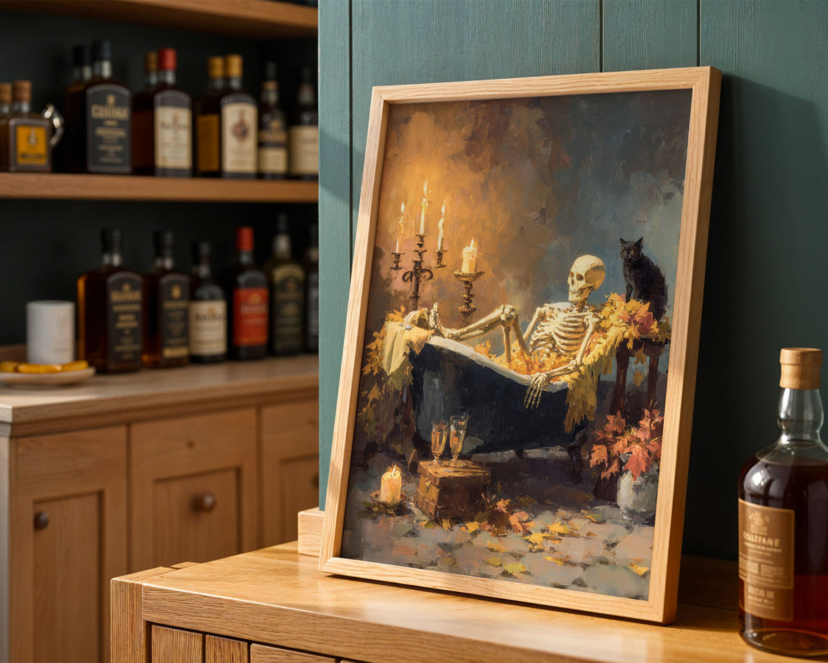 Lifestyle Posters A4 - Skeleton in bath with autumn leaves, candles, and black cat in warm golden and grey tones